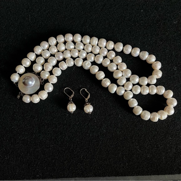 Sterling 925 Double Strand Baroque Pearl Necklace with Earrings - New in Box